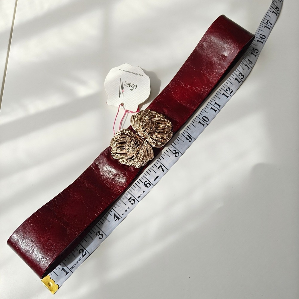 Elise M Bella Wine Burgundy Leather Belts Wide Waist Gold Buckle Size M/L New - Picture 3 of 5